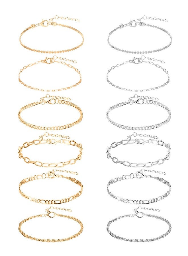 KFHENSOMR Ankle Bracelets for Women 12 Pcs Gold/Silver Plated Layered Cuban Link Chain Anklets Set Dainty Ankle Bracelet Summer Boho Jewelry Waterproof Anklets for Women Adjustable Size - Image 1